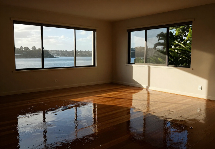 Flood-damaged living room in Greenwich before restoration